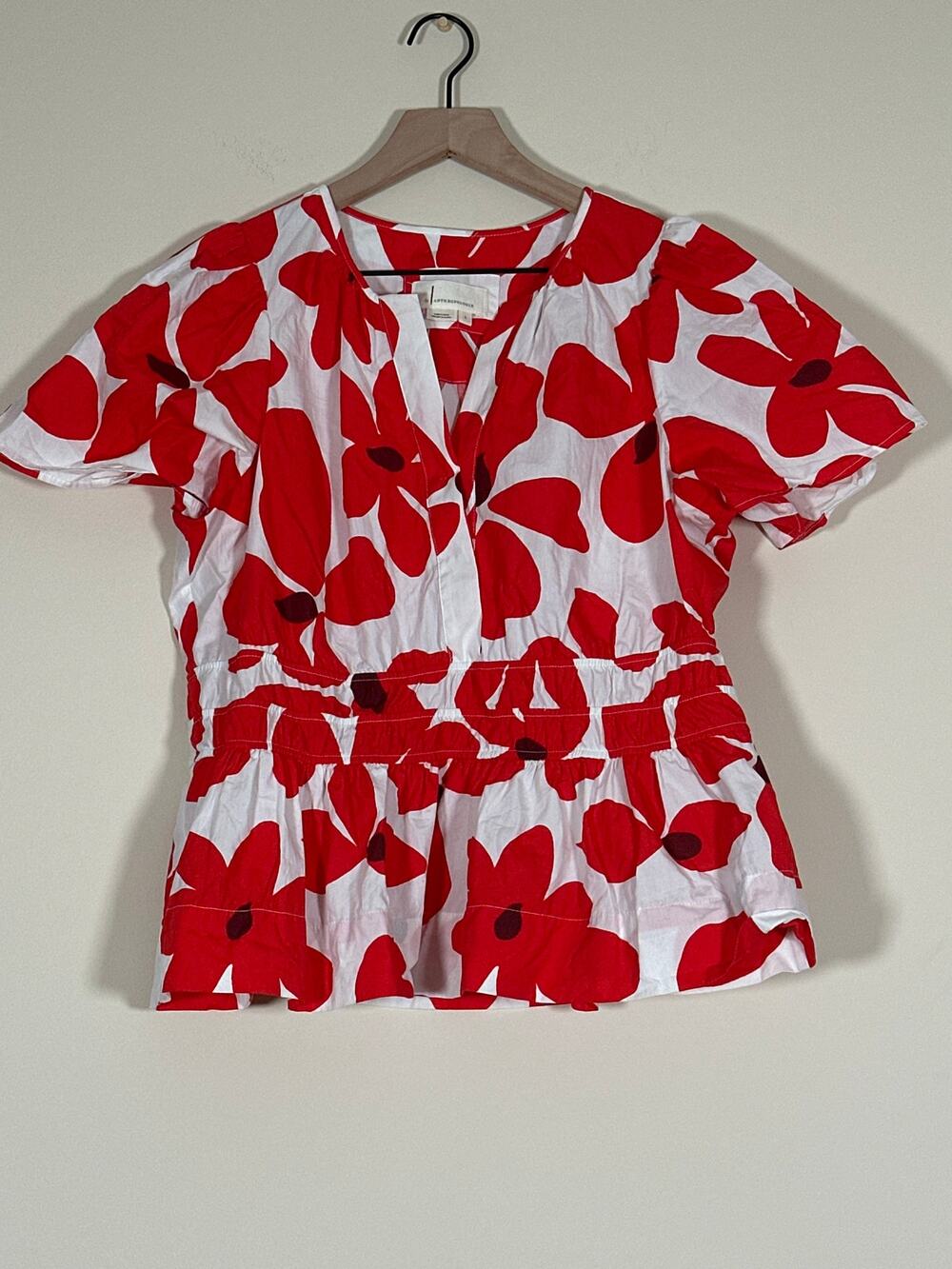 Anthropologie Somerset Blouse Large Red White Floral Puff Sleeve Cotton Top